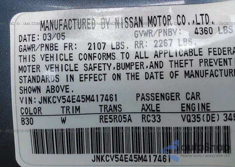 2005 Infiniti G35 from USA, damaged, VIN JNKCV54E45M417461